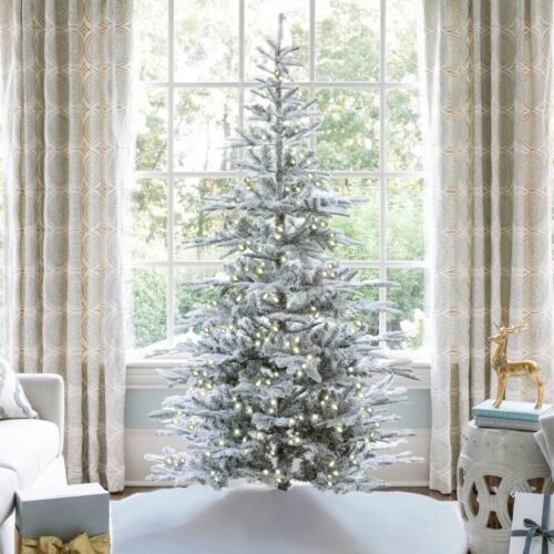7' King Noble Flock Artificial Christmas Tree with 500 Warm White LED Lights