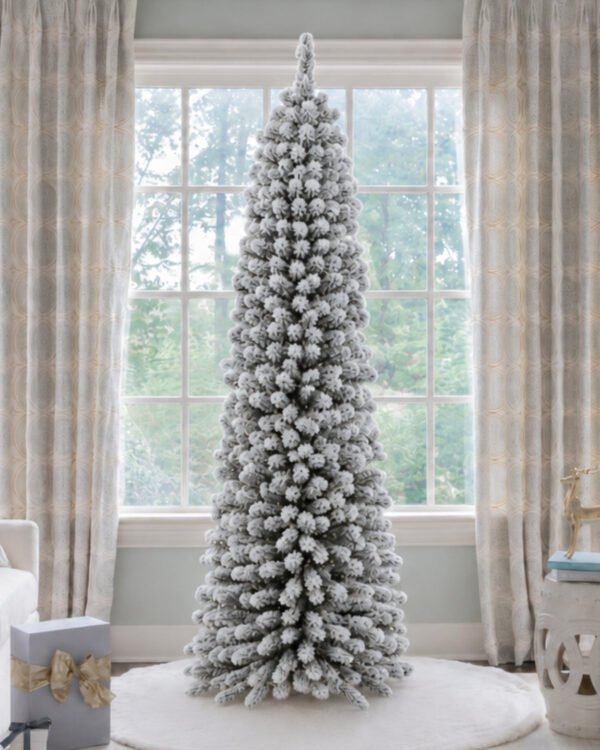 9' Prince Flock® Pencil Artificial Christmas Tree with 600 Warm White LED Lights
