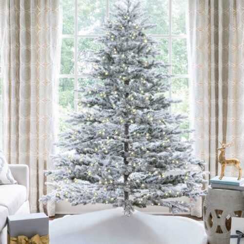7.5' Rushmore Flock Artificial Christmas Tree 750 Warm White LED Lights